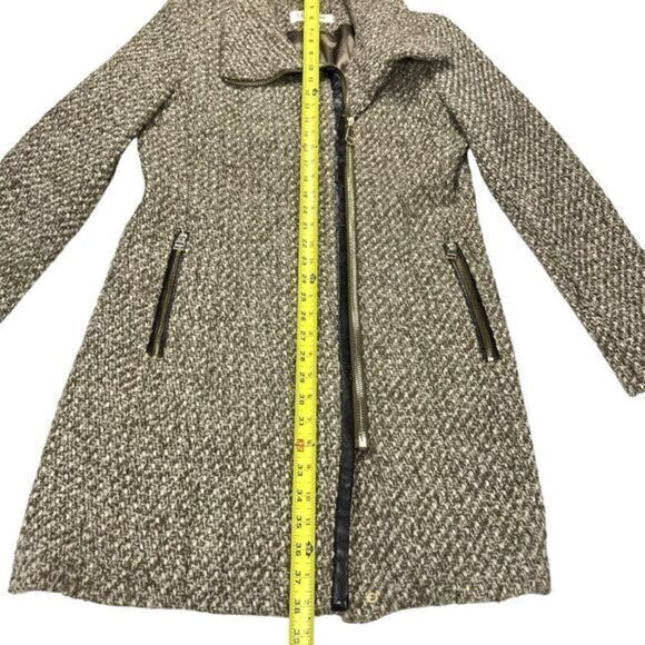 Calvin Klein Tweed Wool Pea Coat Brown Faux Leather Trim Classic Dressy Business - Picture 9 of 15